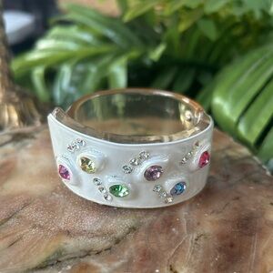 Vintage Lucite Hinged Cuff Bracelet w Multicolored Rhinestones